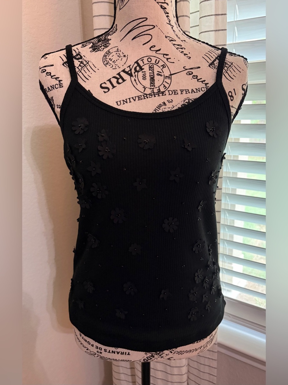 a new day Black Floral Appliqué Ribbed Camisole